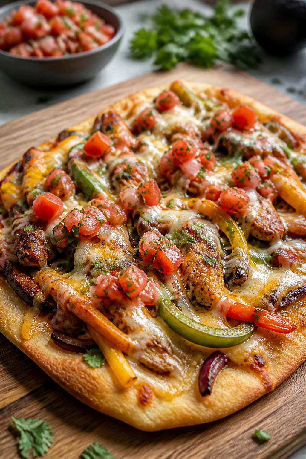 Flatbread fajita pizza topped with peppers onions pico and cheese