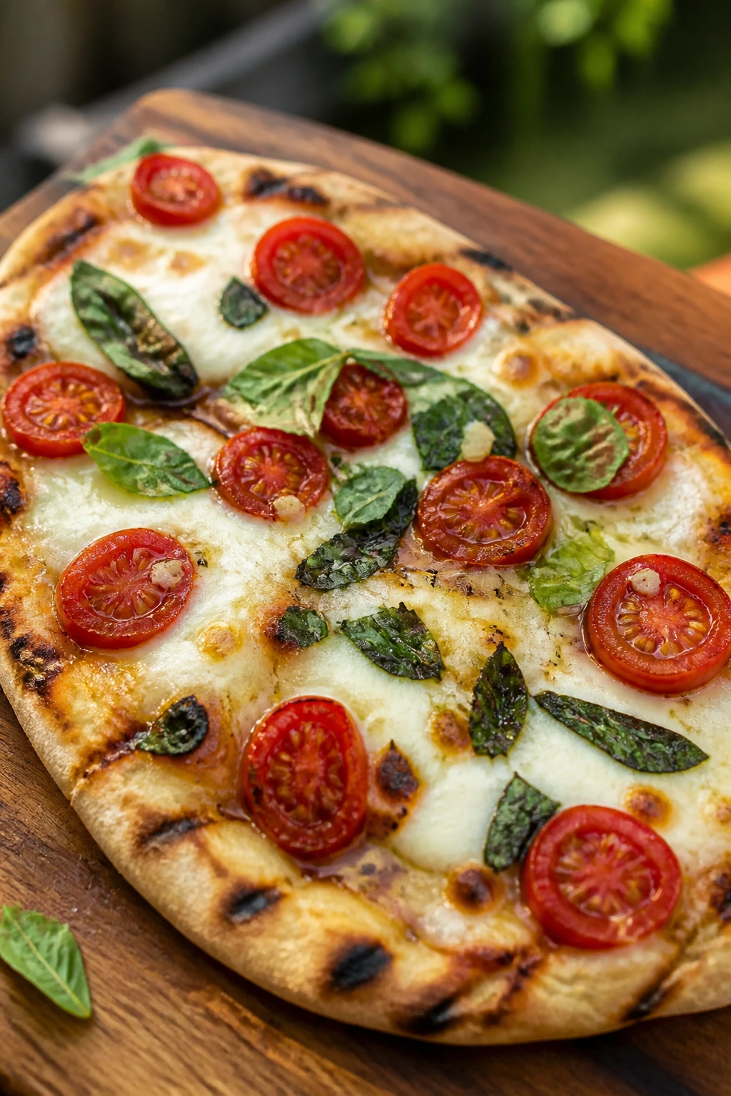 Close-up of a grilled flatbread pizza topped with mozzarella, tomatoes, and basil on a wooden board