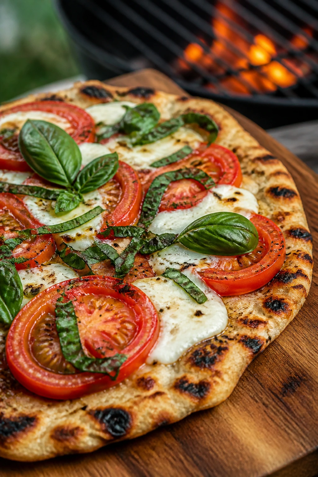 Close-up of blistered grilled flatbread pizza with tomato mozzarella basil on a wooden board outdoors