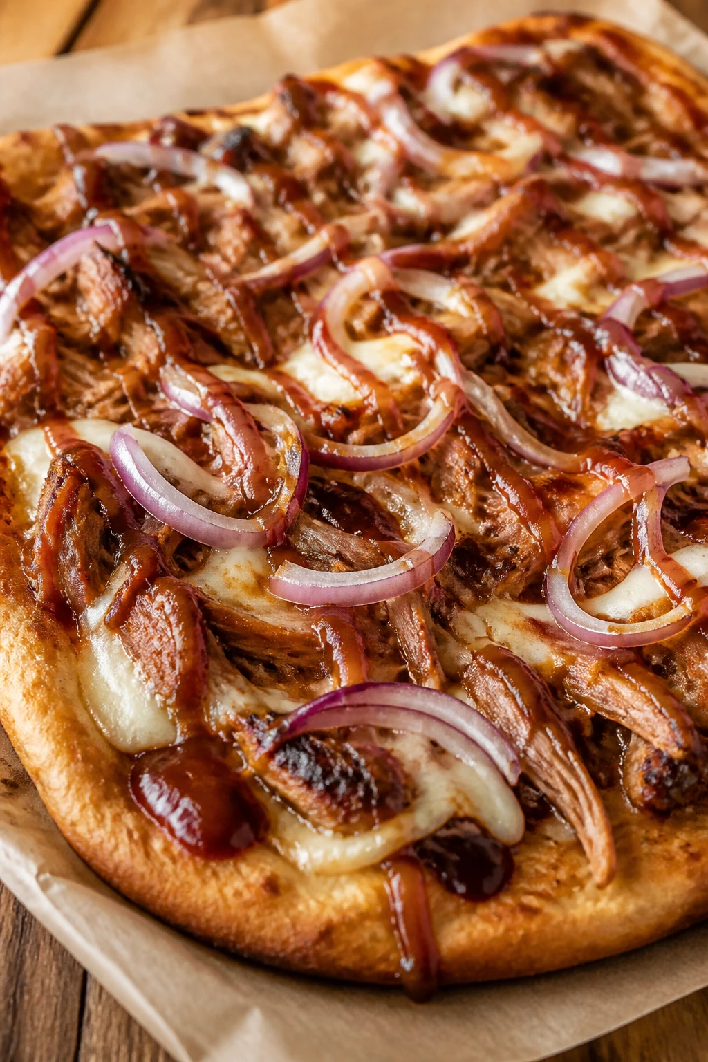 Close-up of pulled pork flatbread pizza with cheese and onions on a wooden board