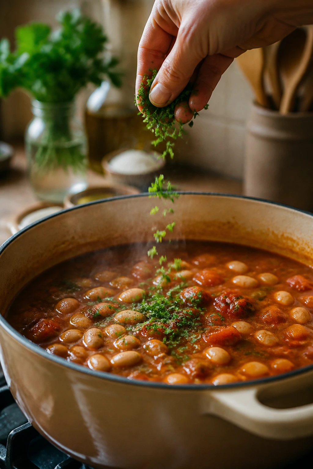 Hand sprinkling herbs over a simmering bean soup in a cozy kitchen