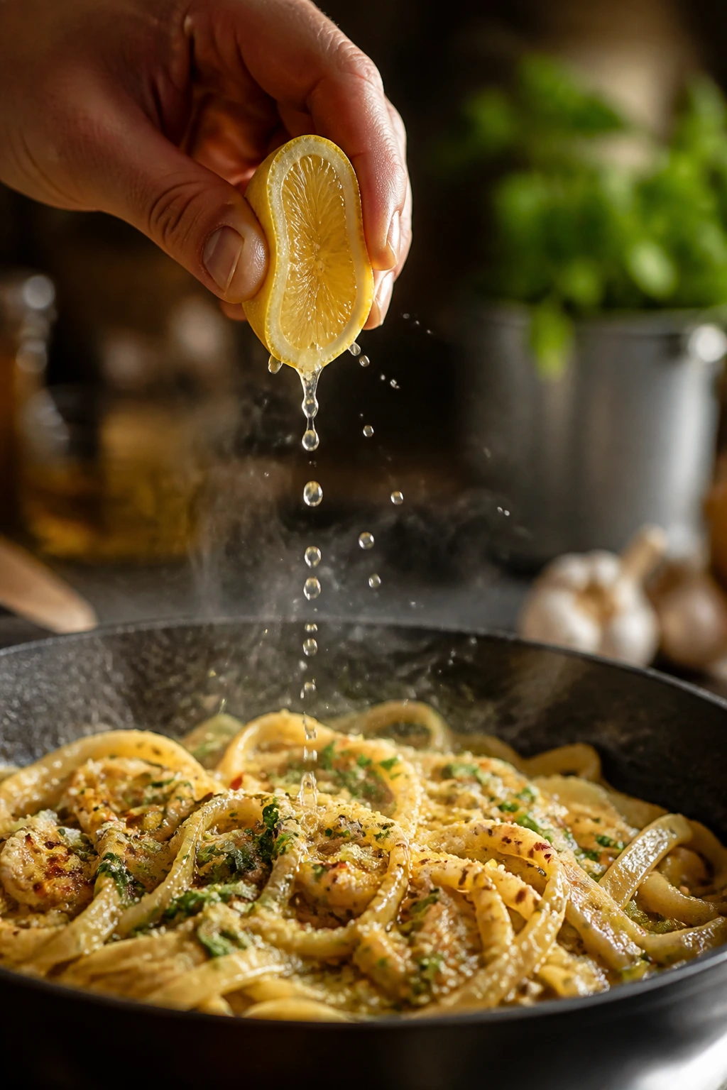 Lemon being squeezed over pasta in a cozy kitchen
