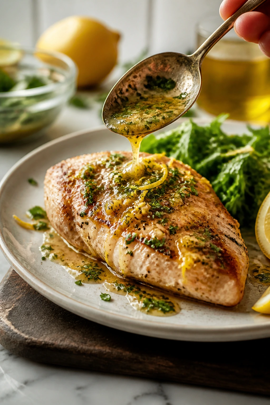 Sauce being spooned over lean protein with herbs and lemon zest