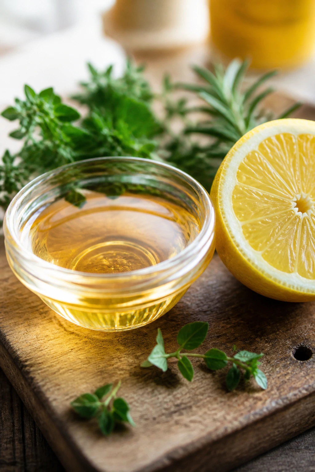 Lemon half, herbs, and a small bowl of acid as flavor boosters