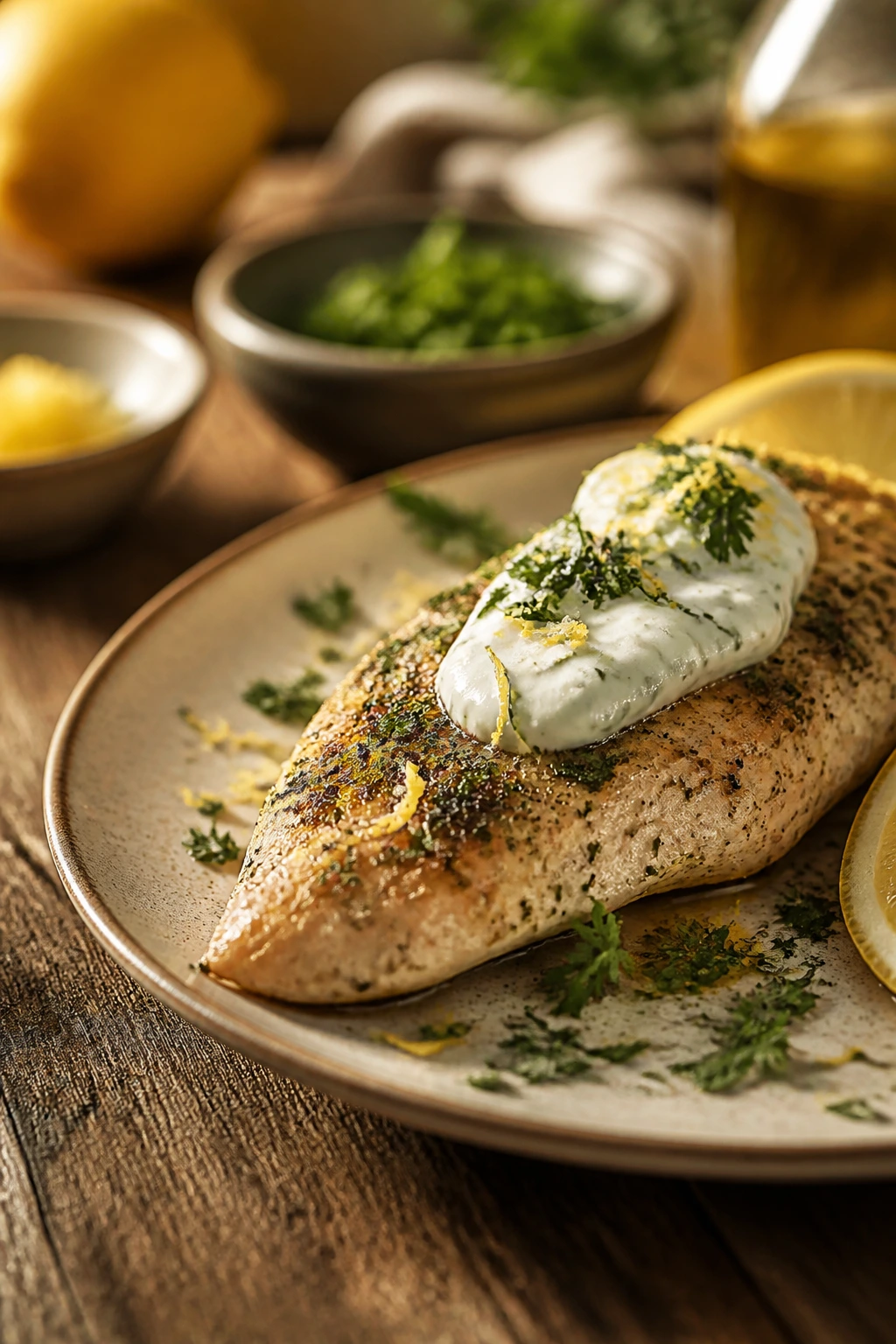 Plated lean protein with herbs and yogurt drizzle on rustic table