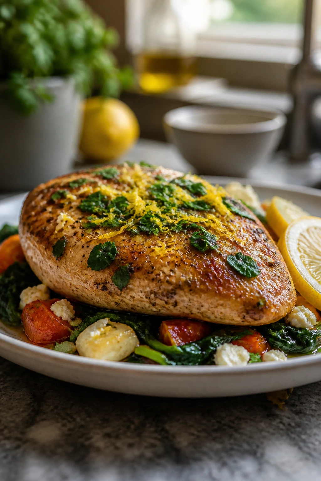 Juicy chicken breast with herb finish and citrus zest in a home kitchen.