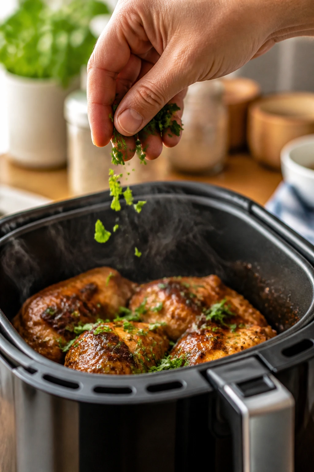 Hand garnishing a dish with fresh herbs