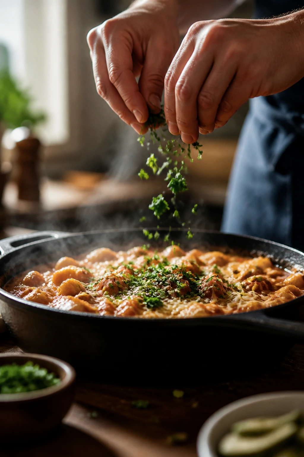 Hands adding fresh herbs to a simmering skillet dish.