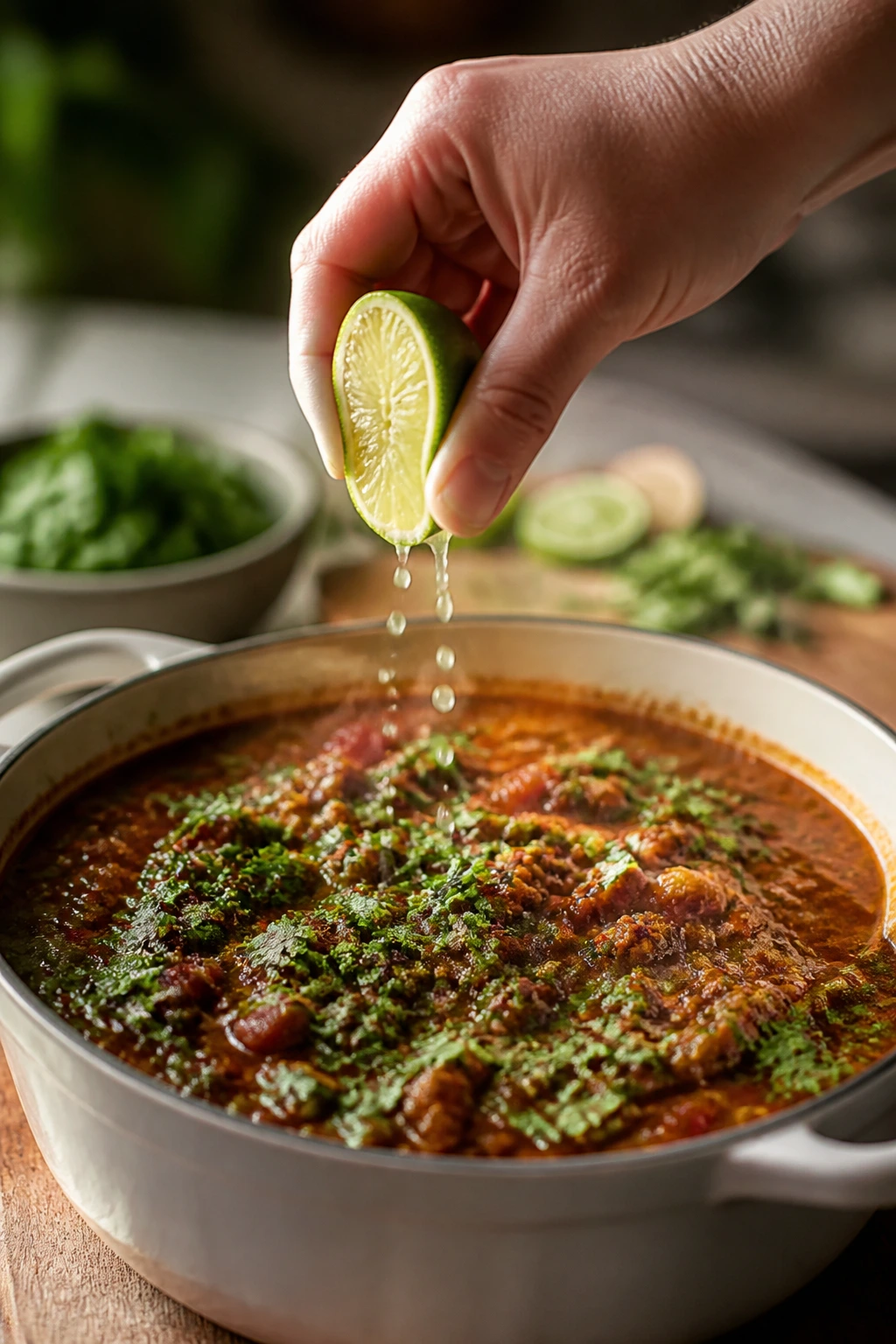 Hand squeezing lime over a dish with fresh herbs nearby, bright kitchen light