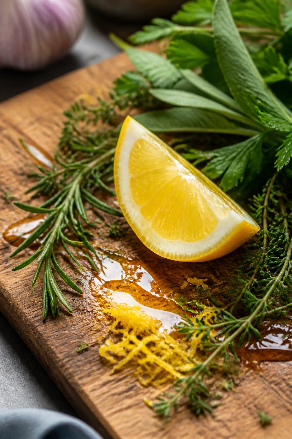 Lemon and herbs on wooden board