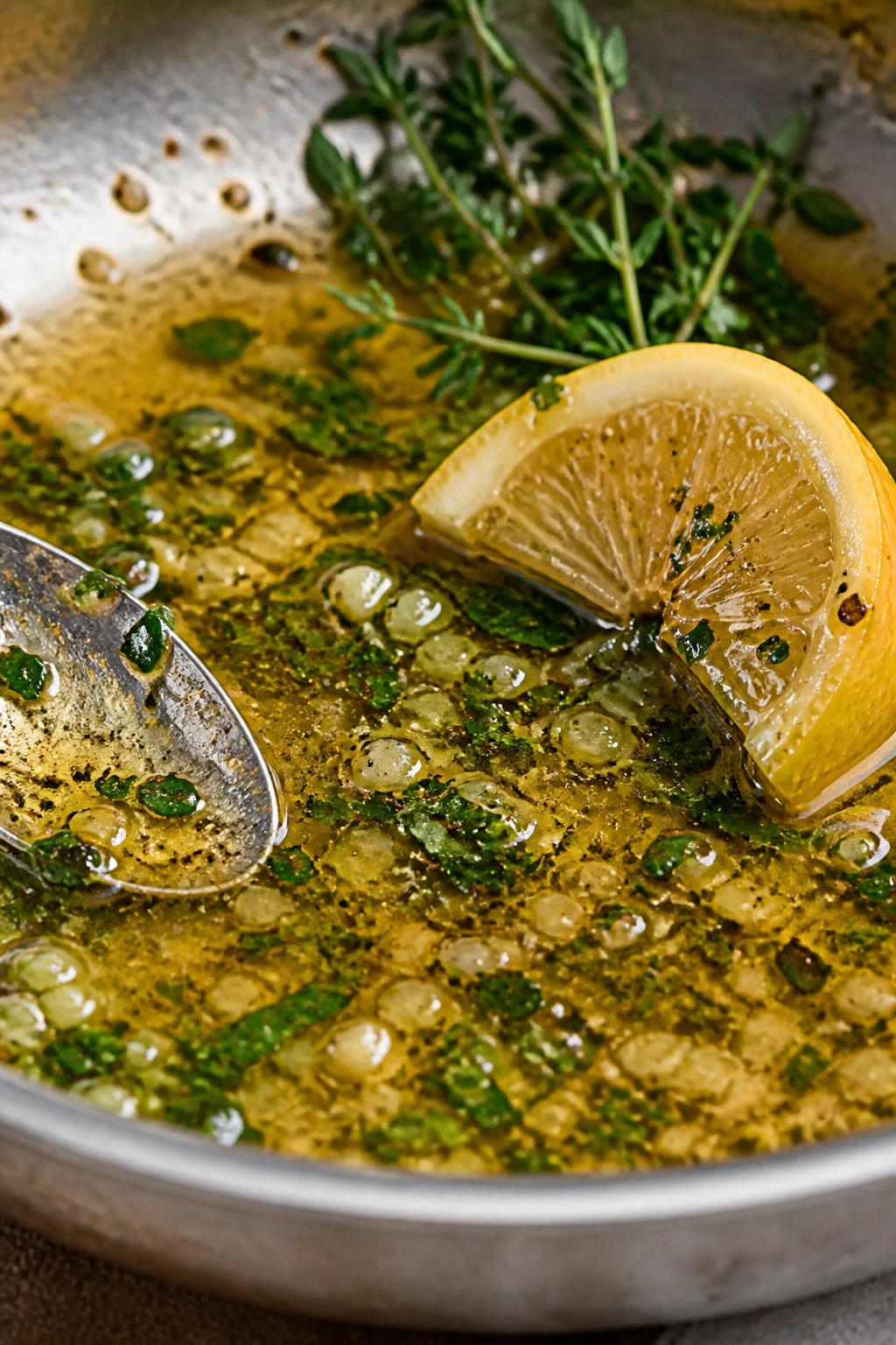 Lemon wedge and fresh herbs over a glossy pan sauce in a kitchen.