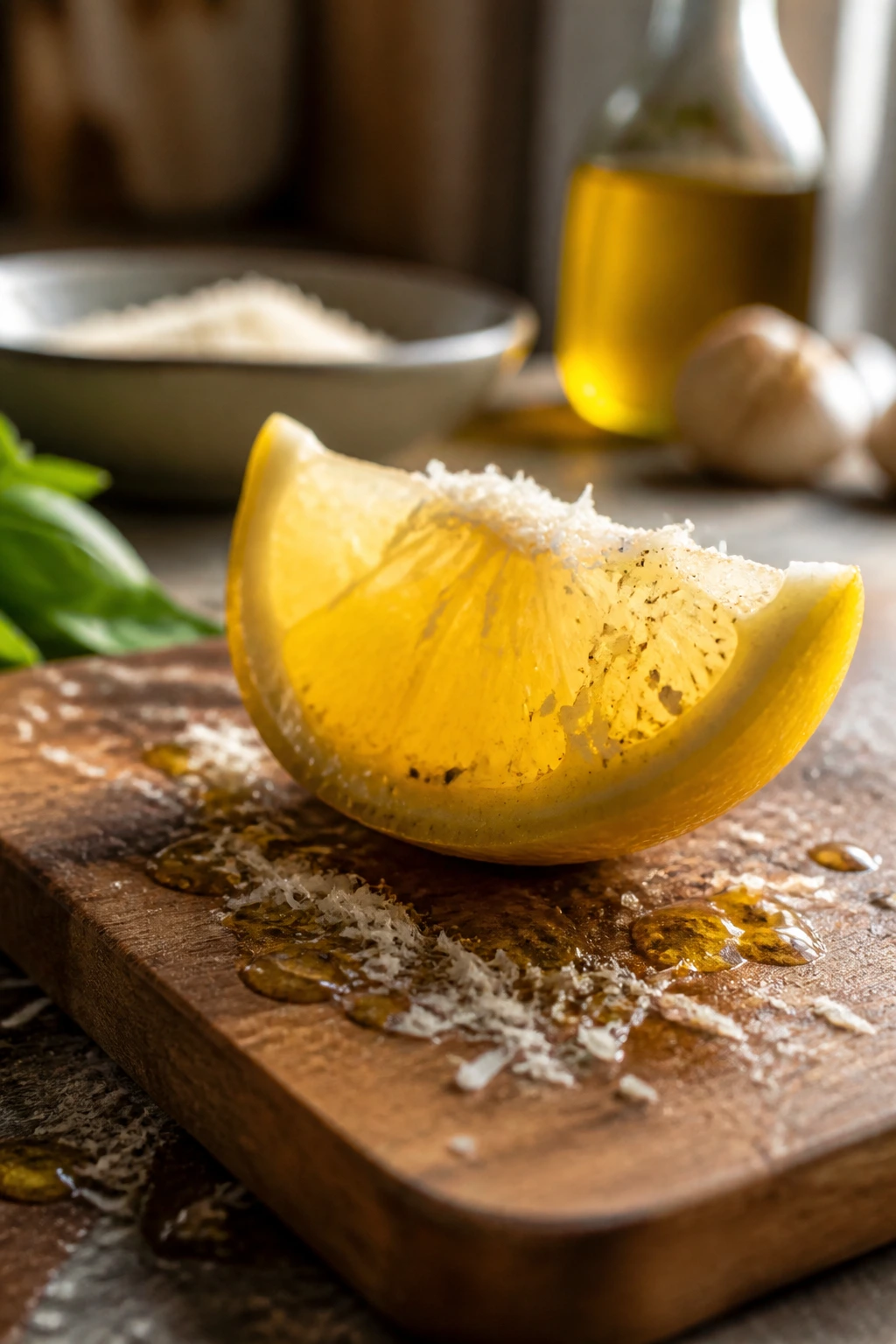 Close-up of lemon, olive oil drizzle, and parmesan on wood board, representing flavor boosters