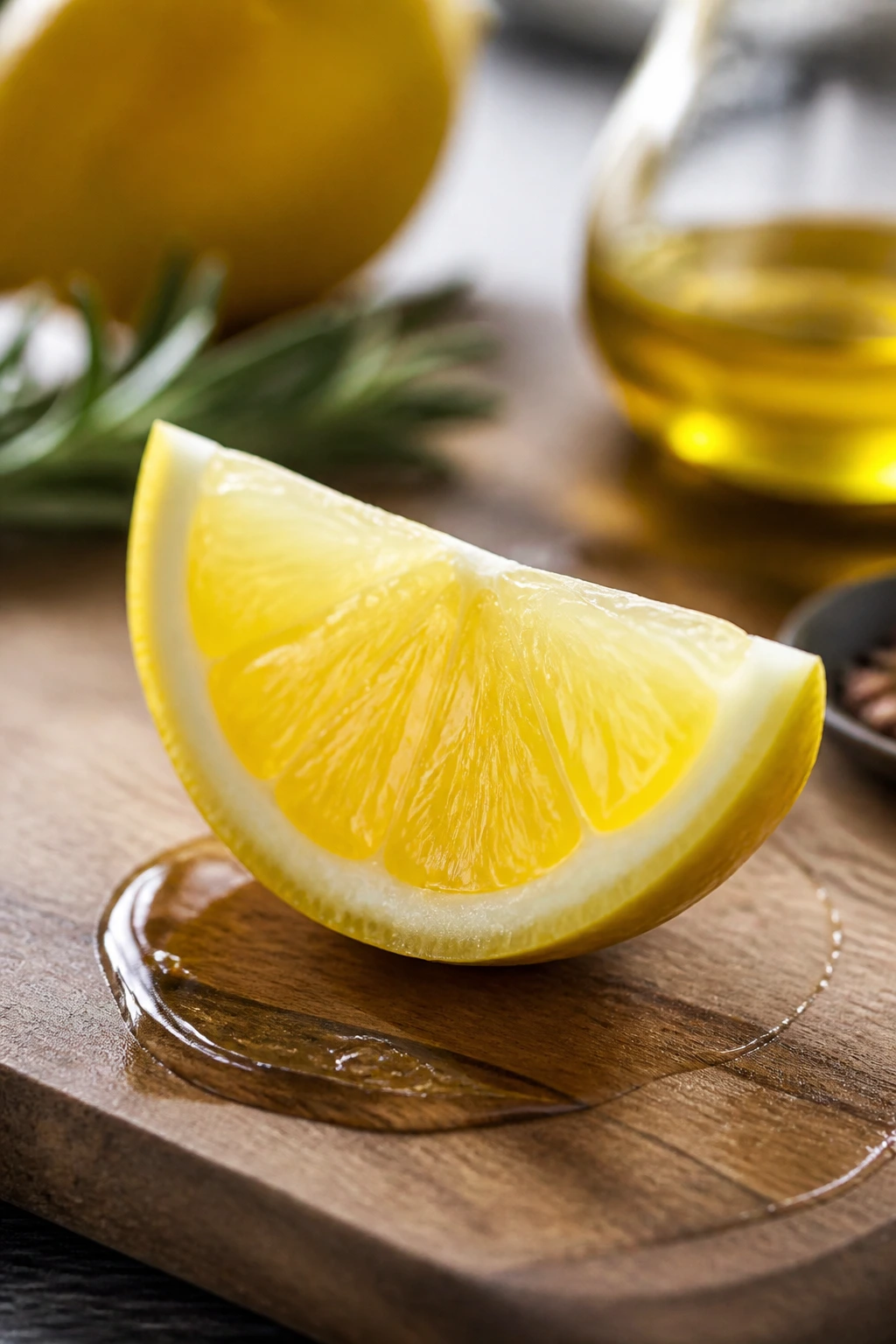 Bright lemon wedge on a cutting board as a flavor booster visual