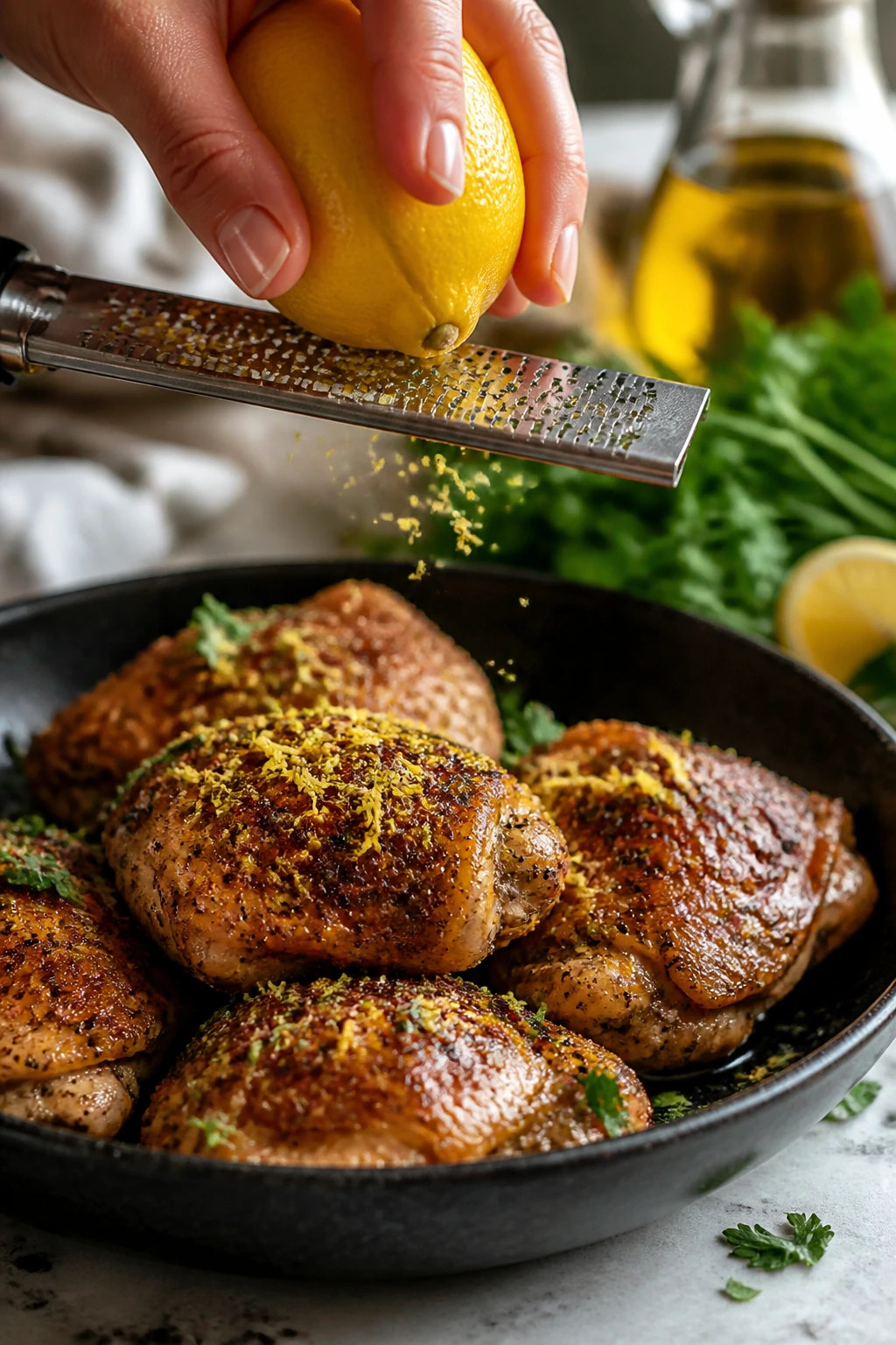 Hand zesting lemon over crispy air-fried dish with herbs.