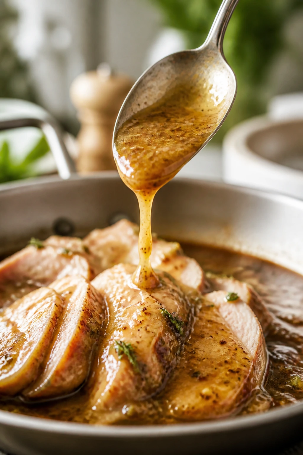 Close-up of a spoon pouring mustard sauce over pan juices in a bright kitchen