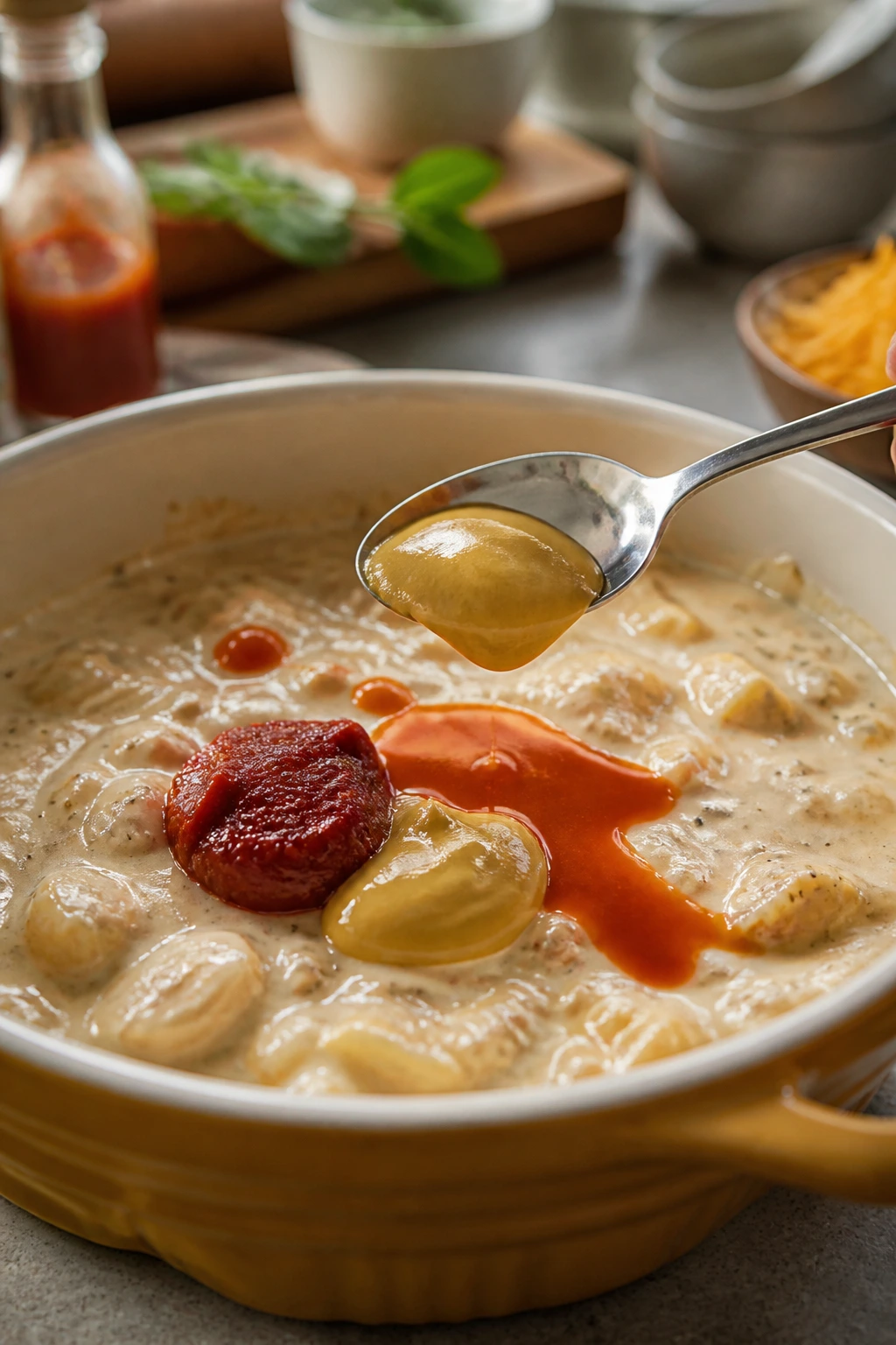 Spoon with Dijon, hot sauce, and tomato paste over creamy casserole sauce in a kitchen