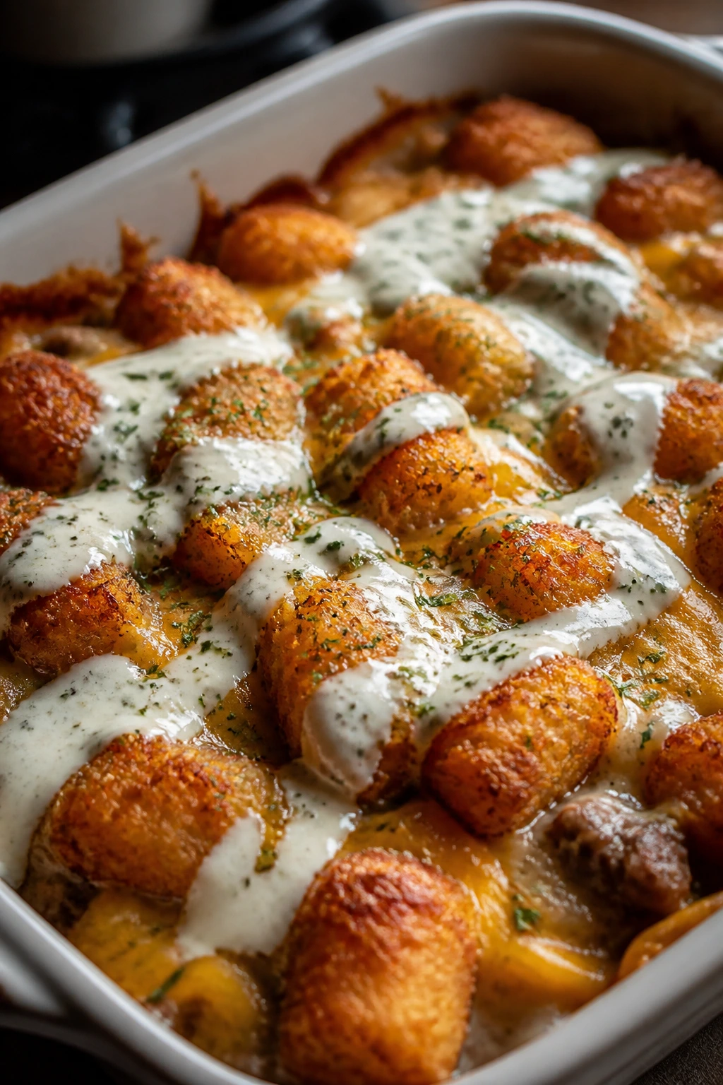 Casserole with ranch drizzle and herbs on top, close-up