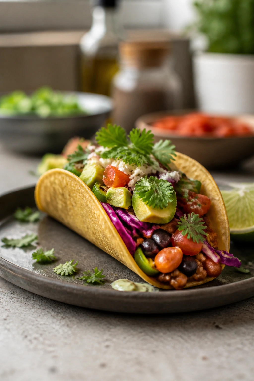 Vibrant taco plate with fresh toppings on a counter