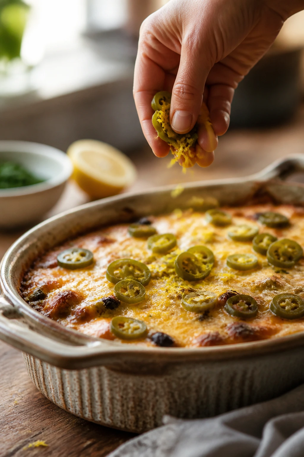 Close-up of a bubbling casserole with jalapeños and lemon zest toppings in a warm kitchen