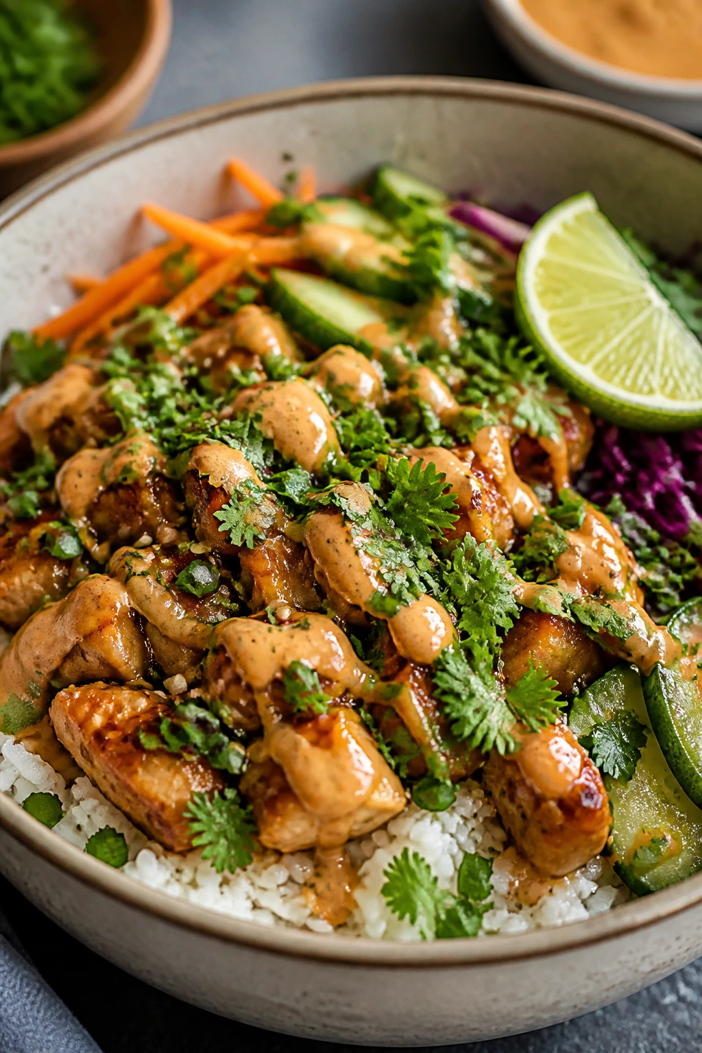 Close-up of a rice bowl with sesame seeds, herbs, and lime as finishing toppings