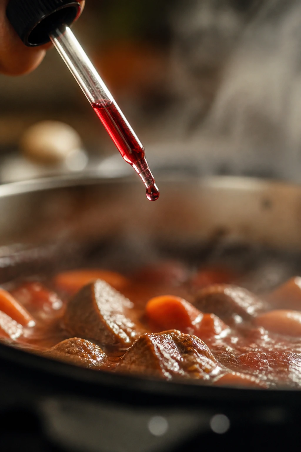 Drop of red wine vinegar about to enter a simmering pot in a warm kitchen