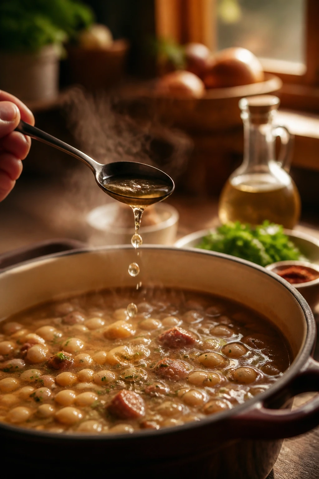 Spoon dripping vinegar onto beans in a warm kitchen