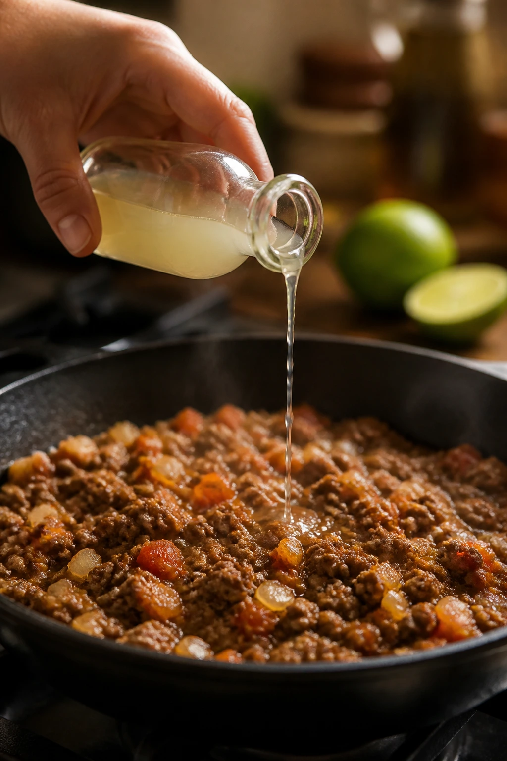 Hand pouring lime juice into a beef skillet on the stove.