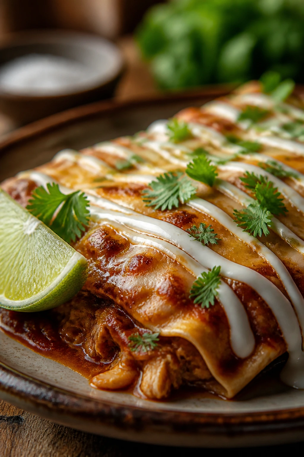 Lime wedge and crema drizzle on enchiladas for extra flavor.