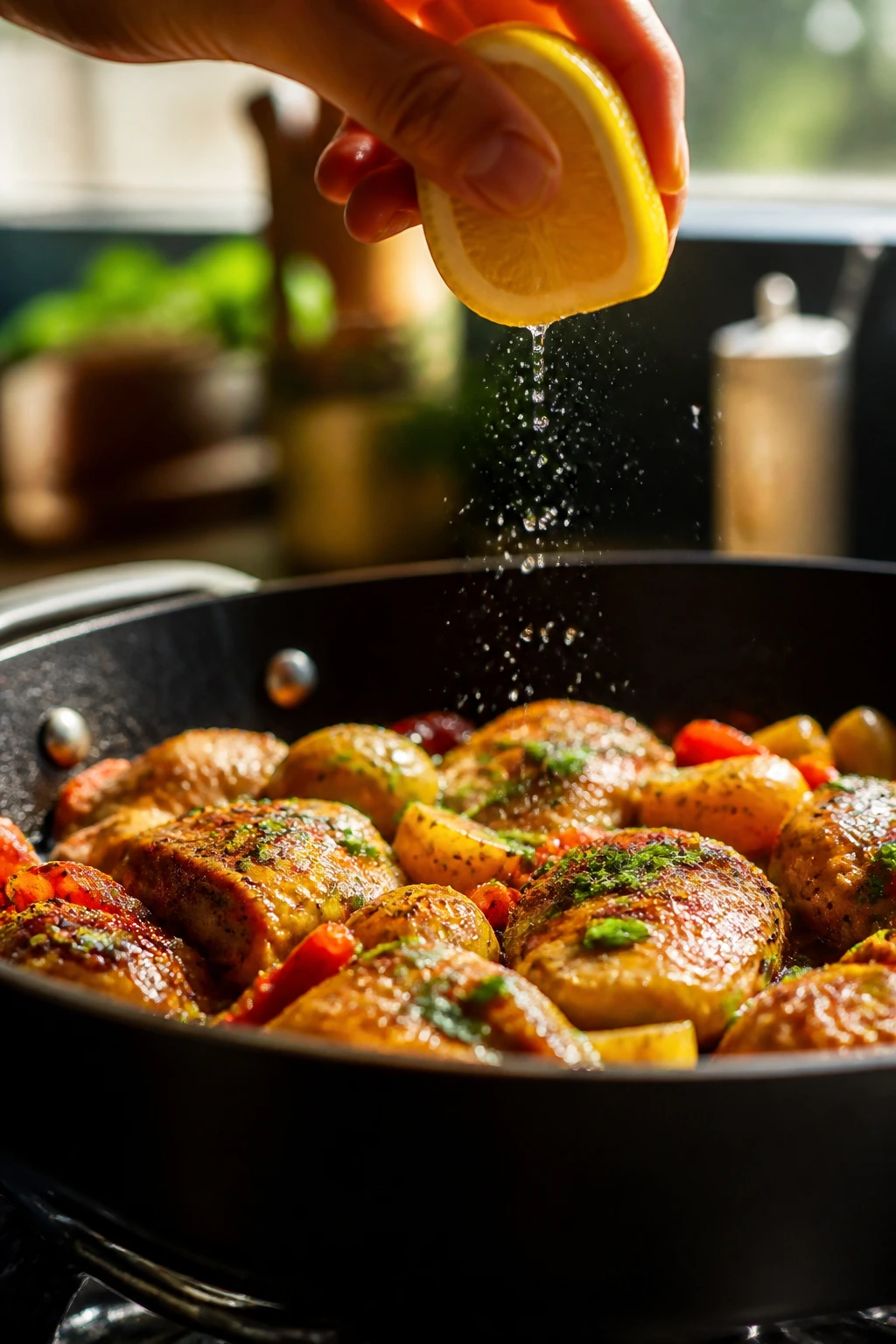 Lemon juice splash over pan dinner finishing