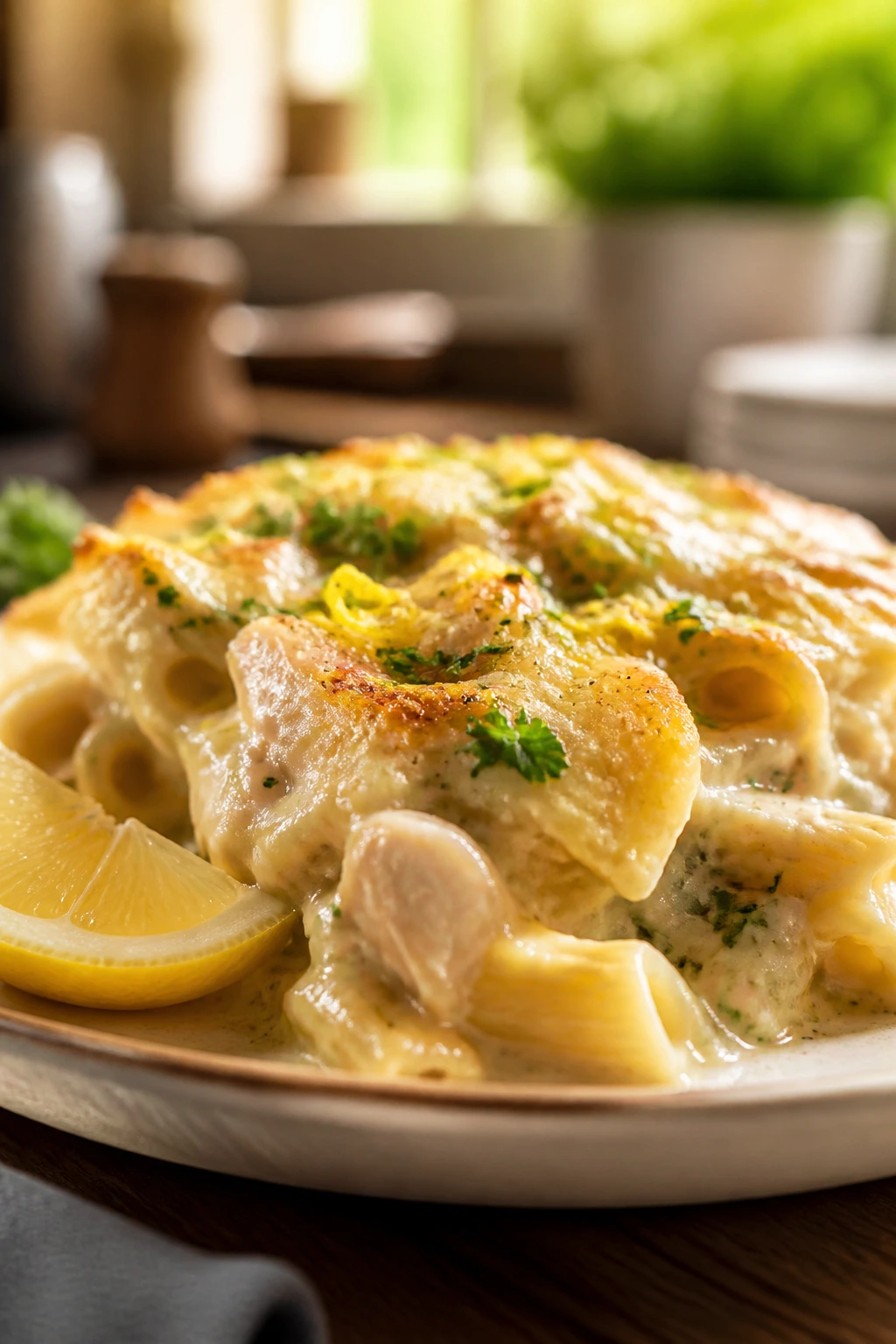 Plated casserole with herbs and lemon zest for flavor boost
