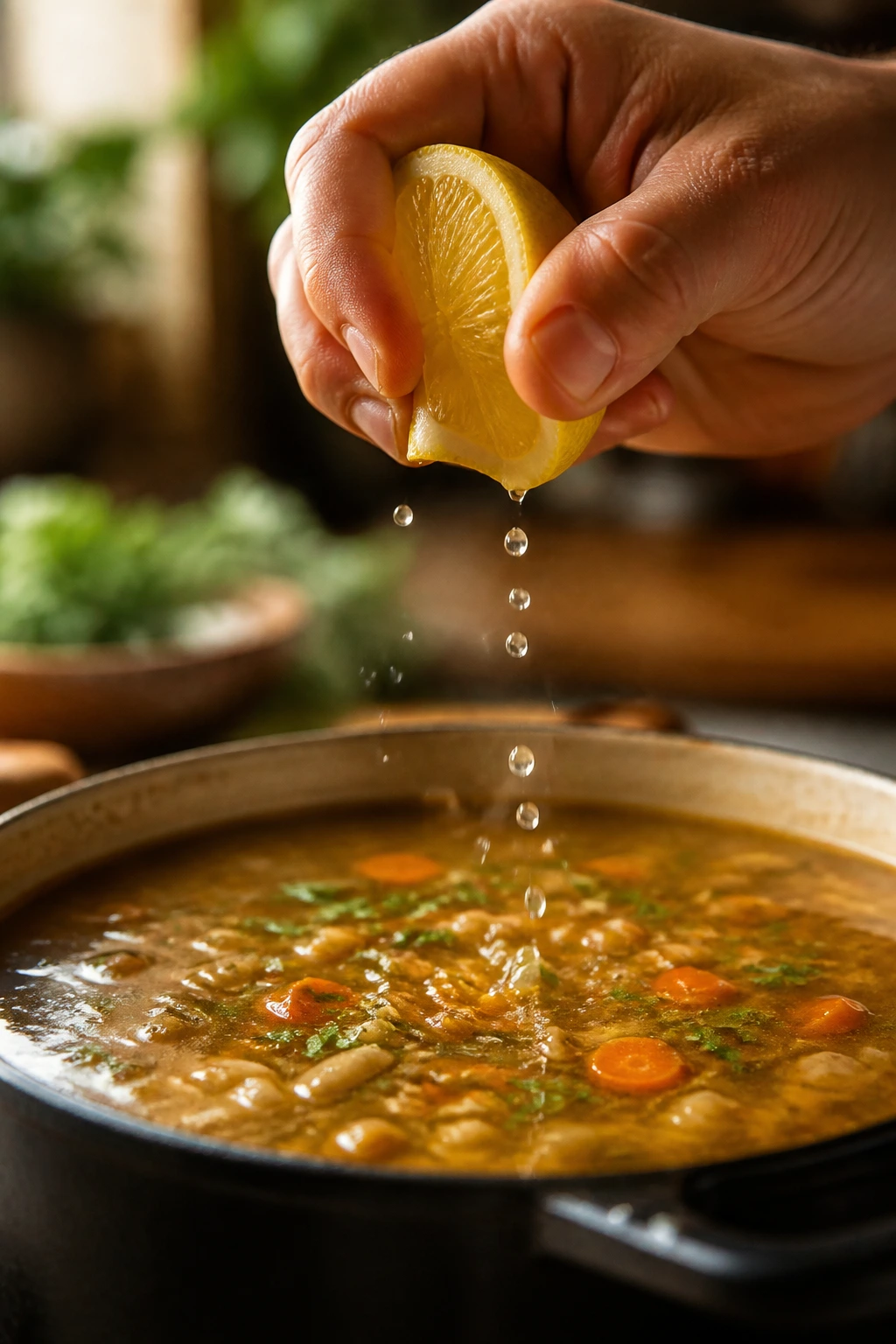 Lemon being squeezed over soup pot for extra flavor.