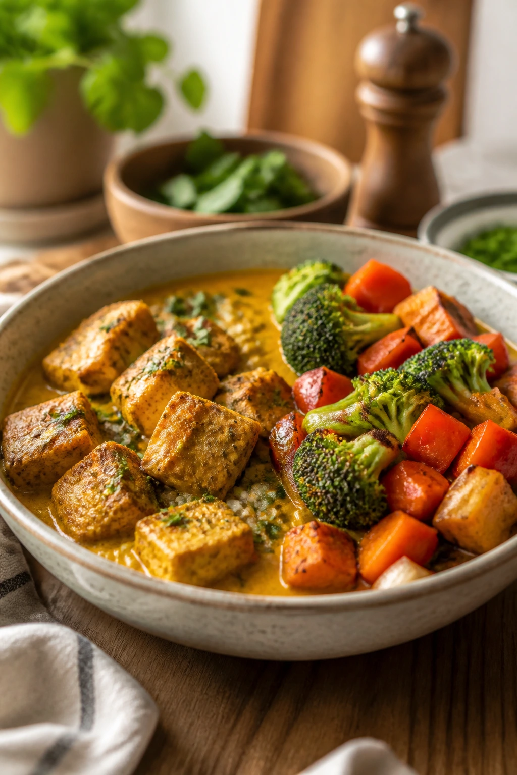 Curry bowl showing two ingredient zones illustrating dietary swaps
