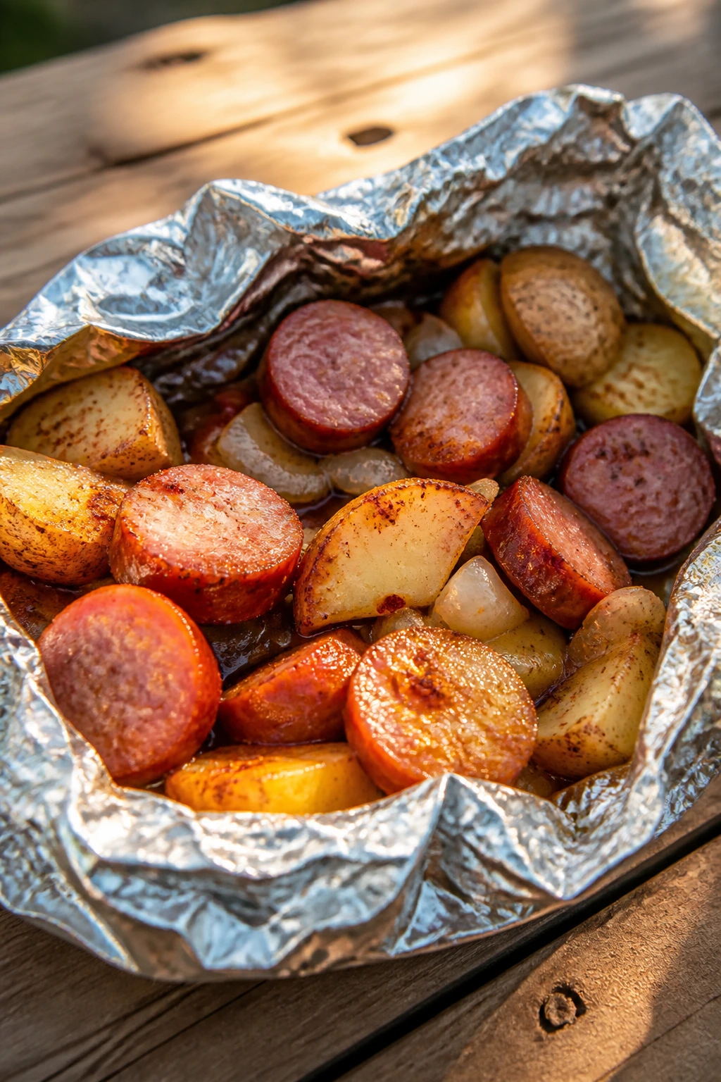 Close-up of smoky foil-pack sausage and potatoes inside opened foil packet on wooden table