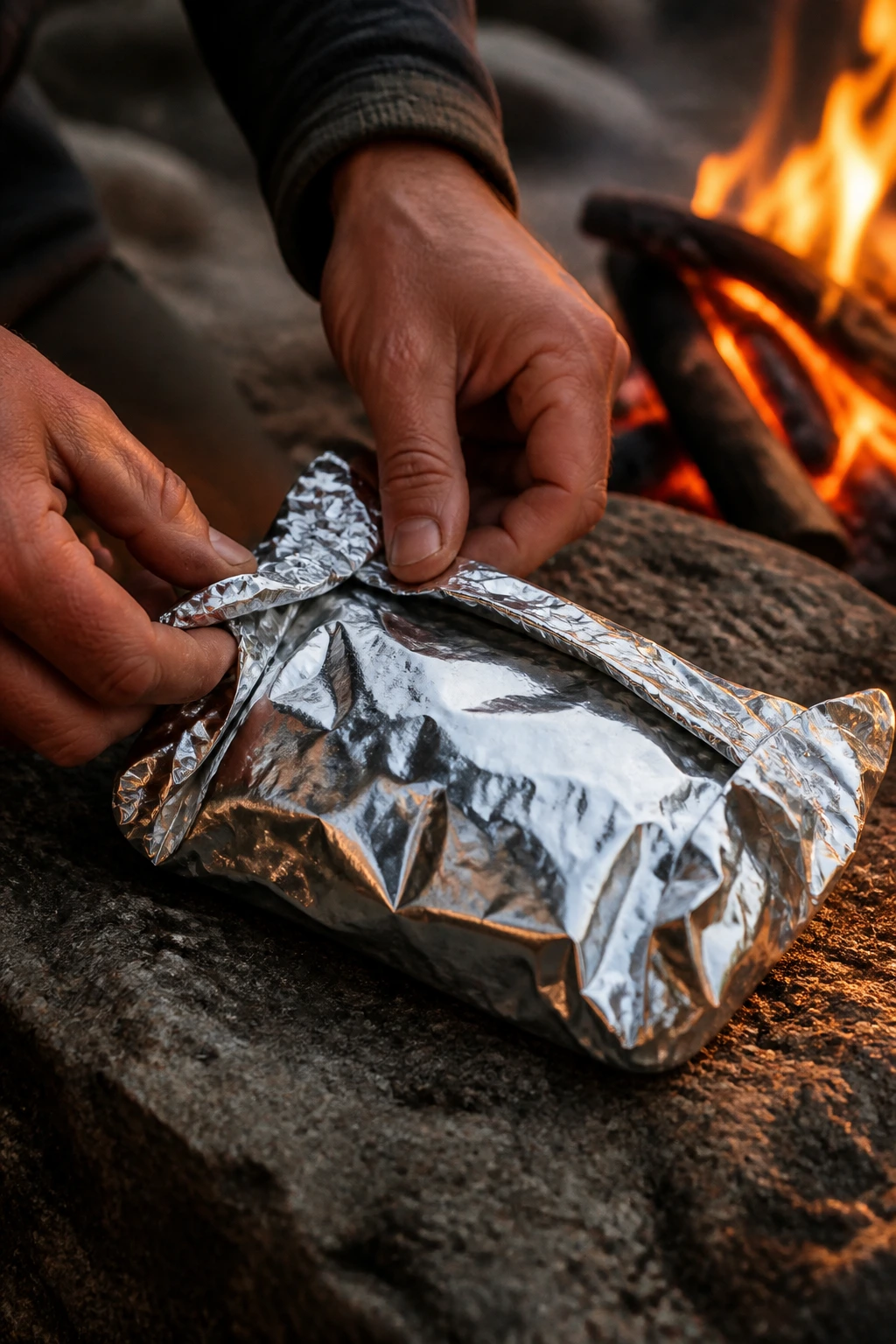Close-up of hands sealing a foil packet at a campsite with campfire light