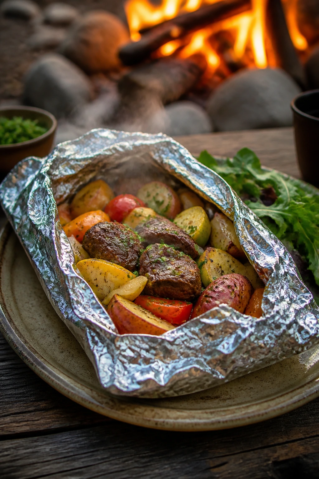 Close-up of a foil packet opened to release steam on a campsite plate