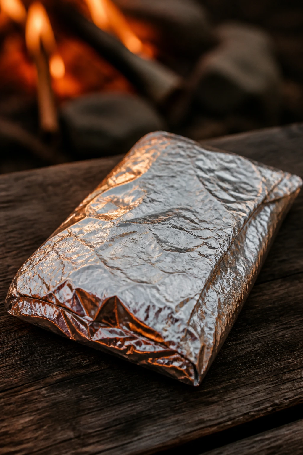 Sealed foil packet on outdoor table with campfire glow