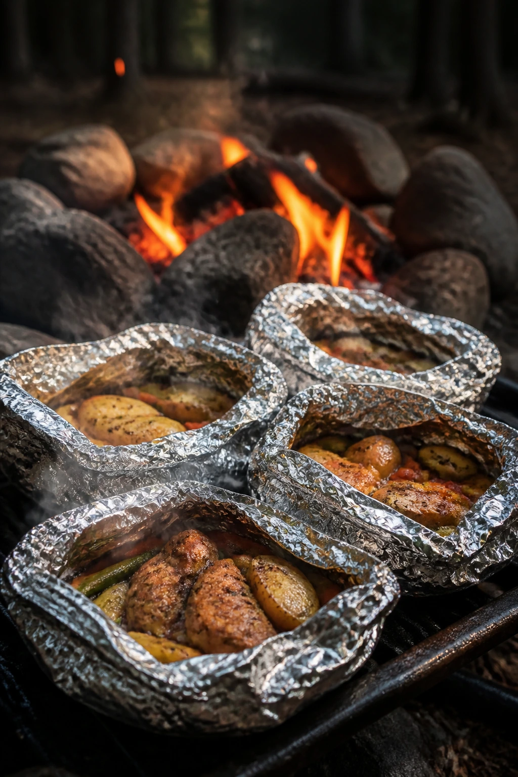 Foil packets over campfire with steam and glow