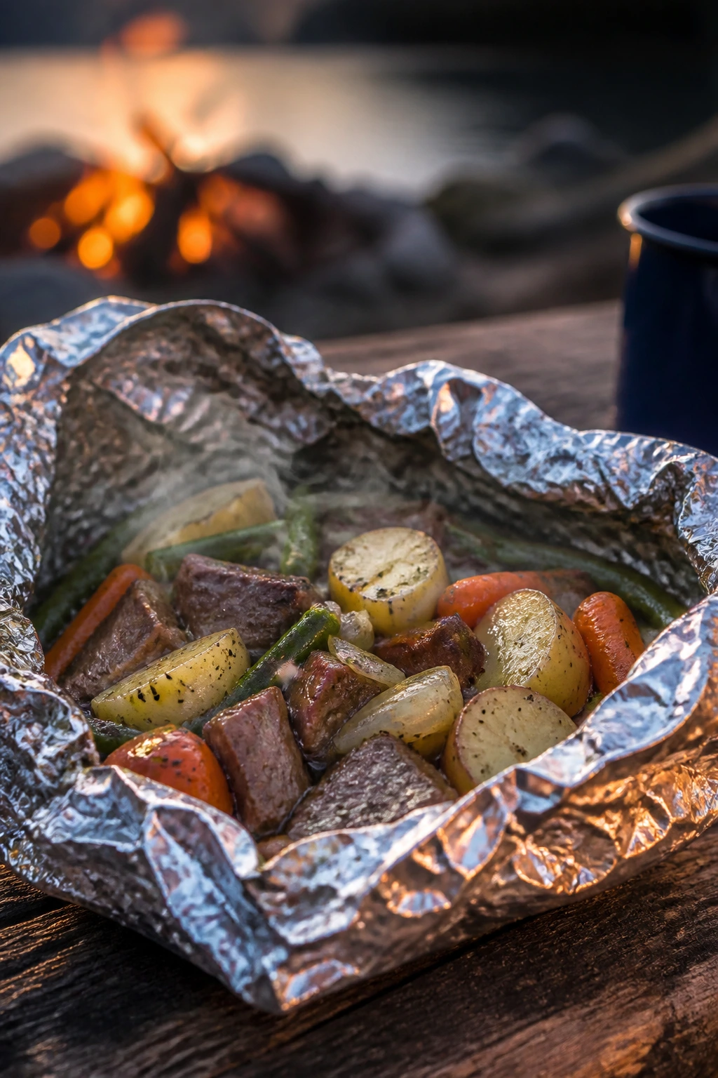 Foil packet on rustic camping table with steam outdoors