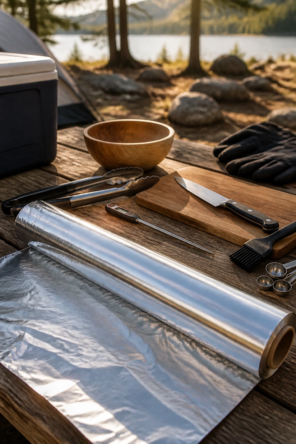 Heavy-duty aluminum foil roll on a camping table