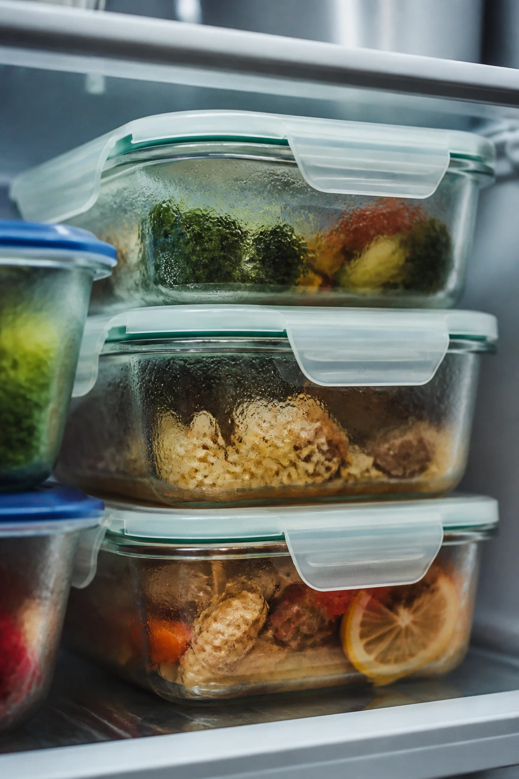 Stacked glass storage containers with leftovers