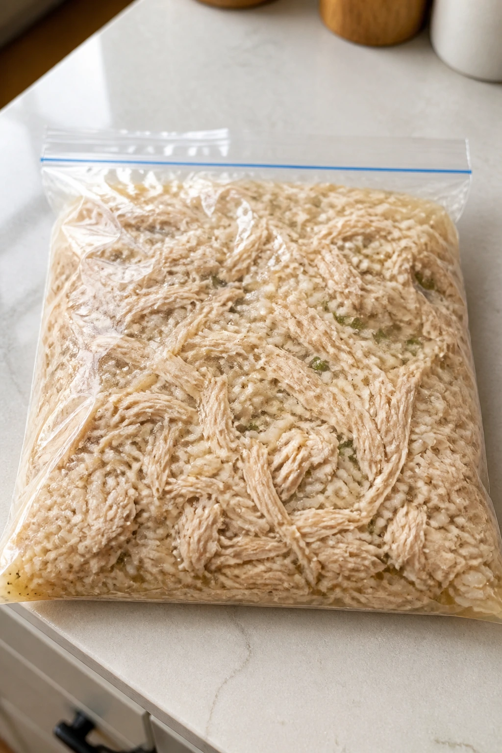 Freezer bag filled with shredded chicken and rice on a counter