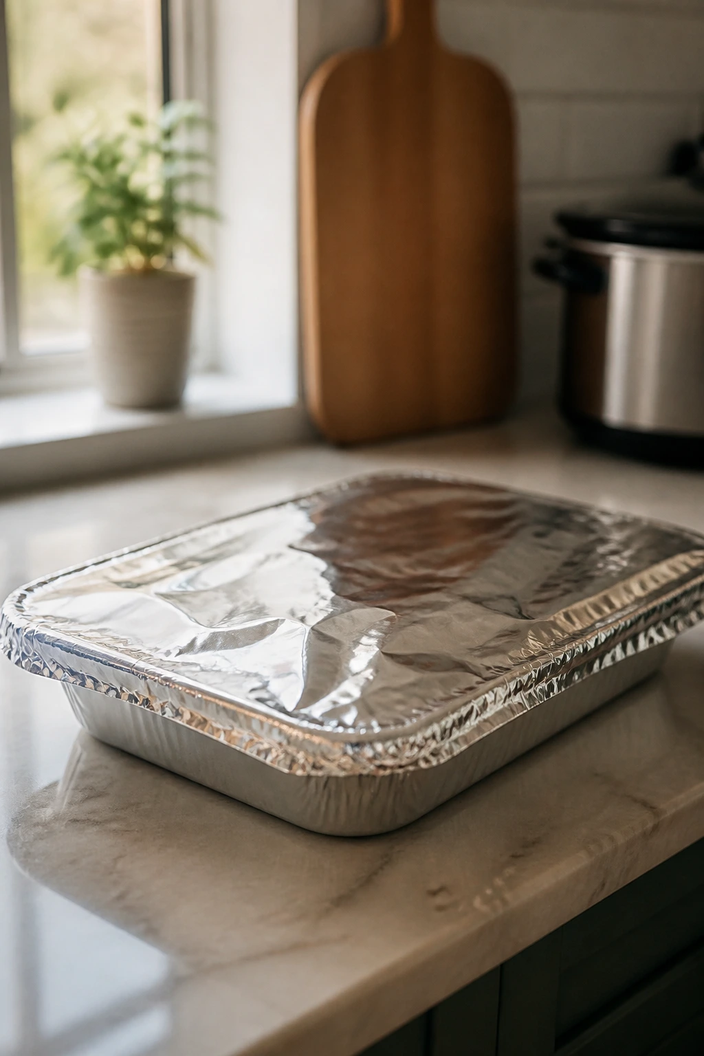 Foil-covered casserole dish on kitchen counter ready for freezing.