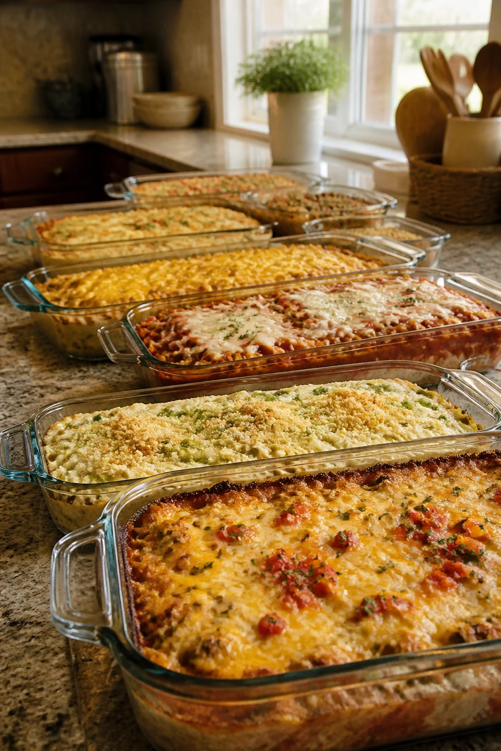 Row of freezer casseroles on a warm kitchen counter