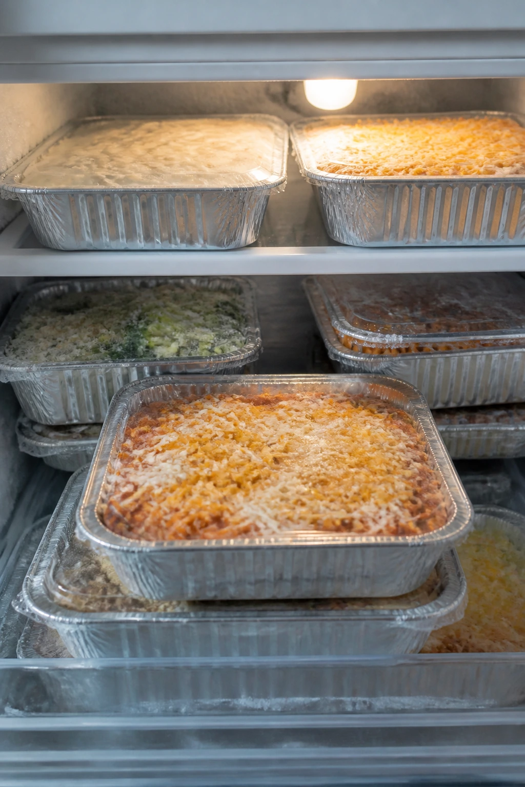 Open freezer drawer with stacked casserole trays