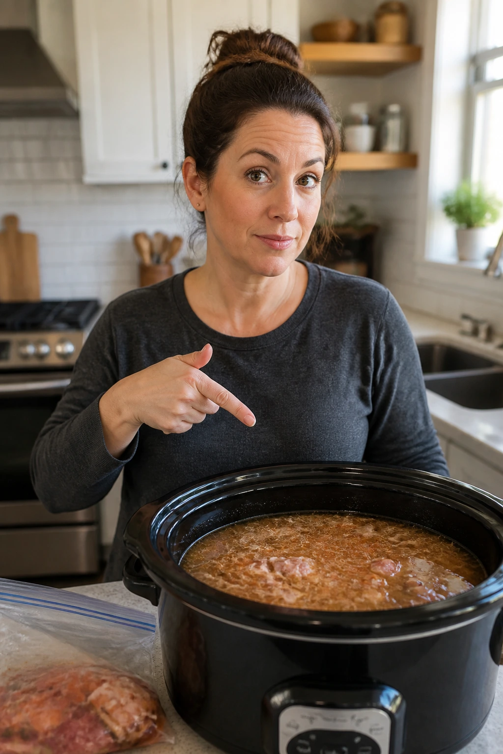 Person in kitchen highlighting common freezer meal mistakes like watery sauces.