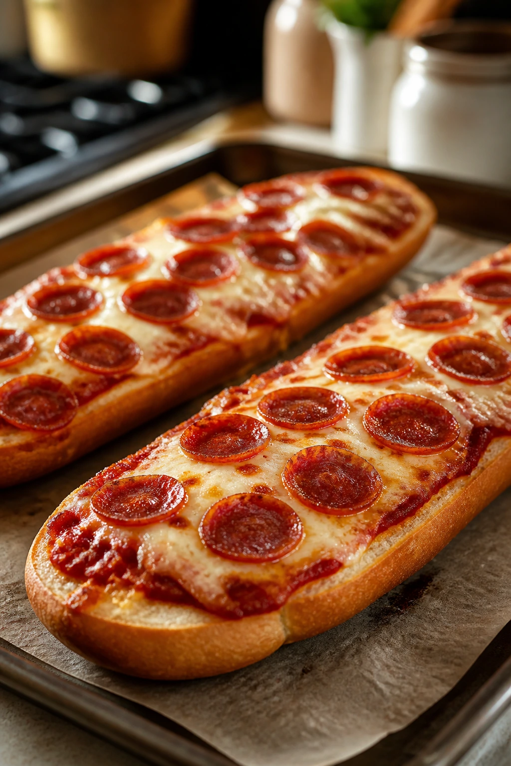 Two French bread pizza boats topped with sauce and cheese on a baking sheet