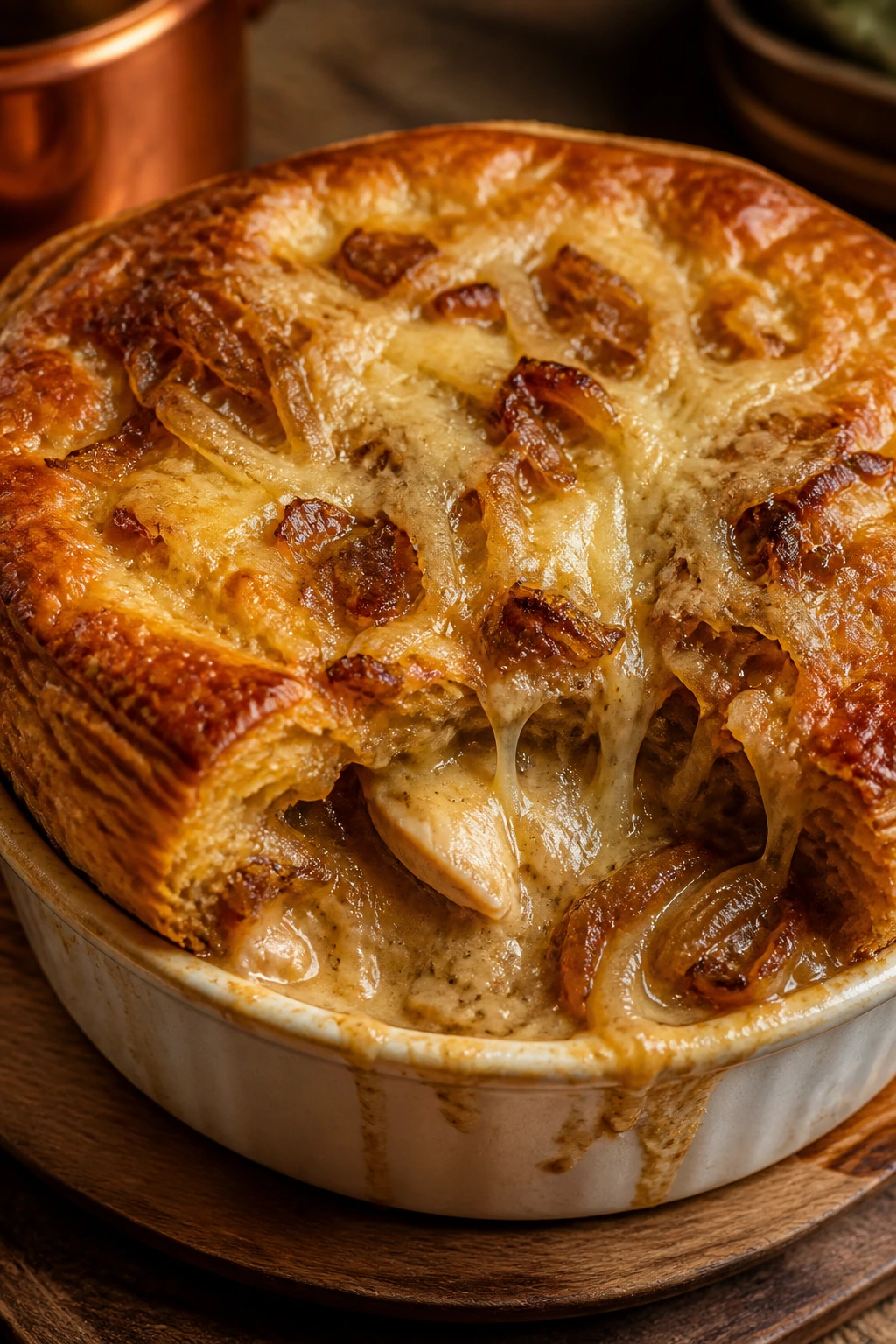Close-up of French onion chicken pot pie with a puff pastry lid and Gruyère.