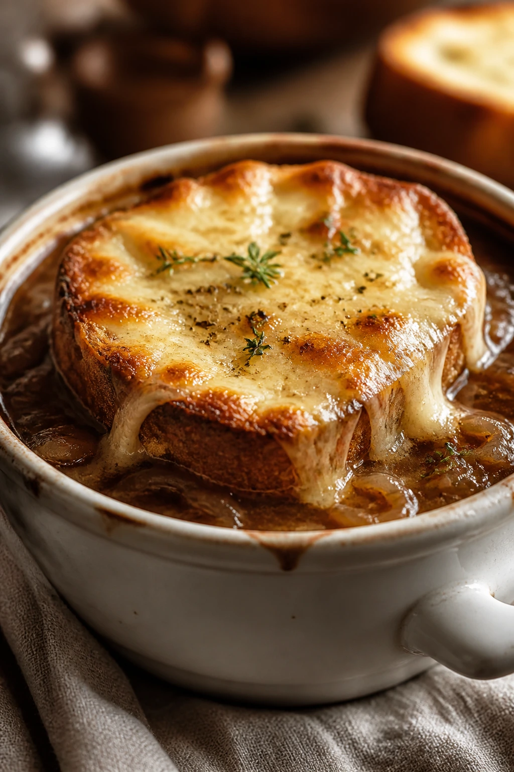 Close-up of French Onion Soup with Gruyère toast in a bowl