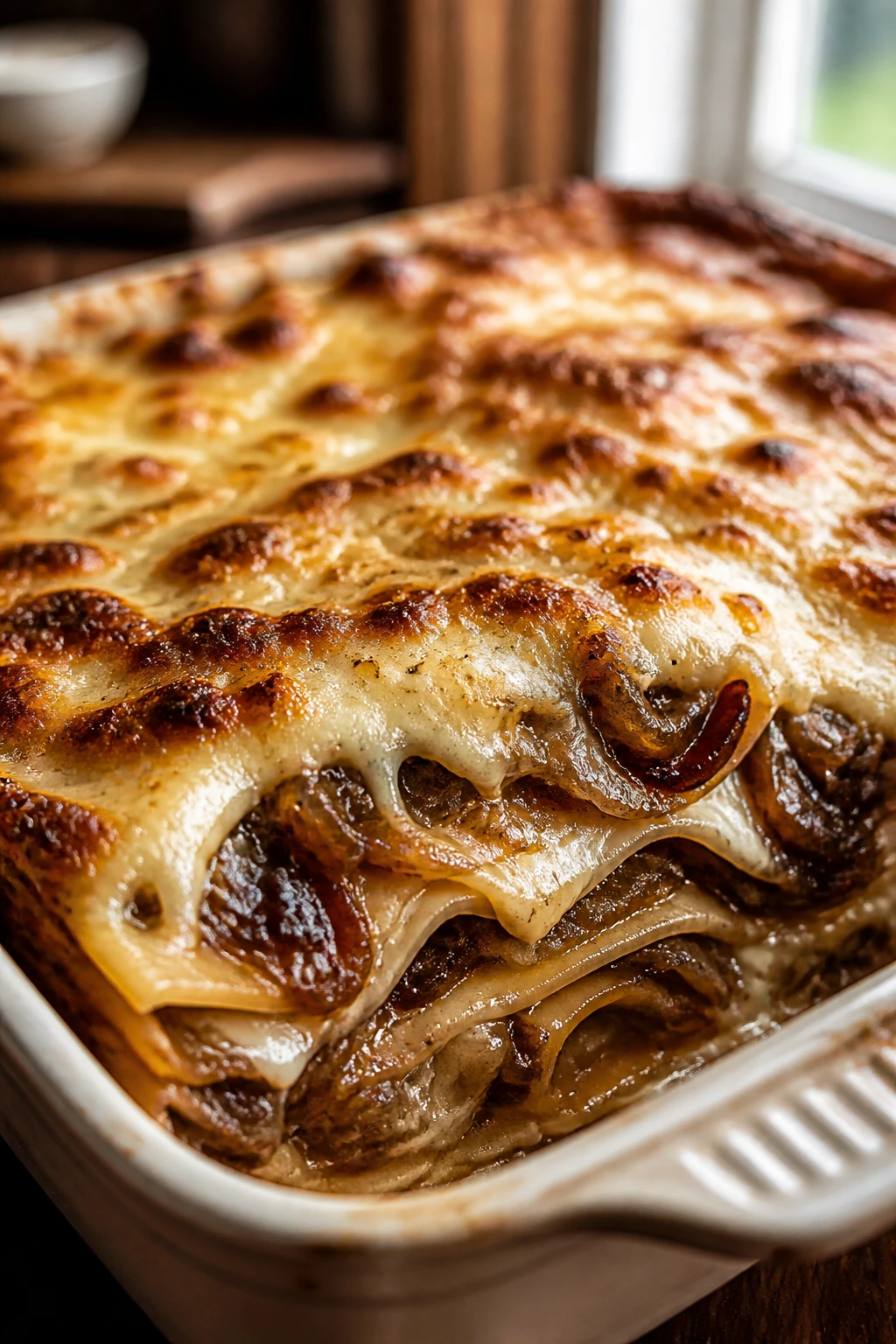 Close-up of French Onion and Gruyere lasagna with caramelized onions and melted Gruyere cheese