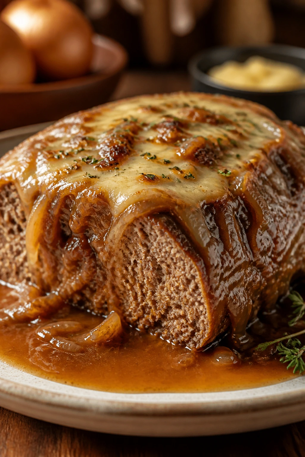 Meatloaf with Gruyère cheese and onion gravy